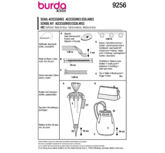 Burda Kids Schnittmuster Schultüte, Mäppchen und Turnbeutel Nr. 9256