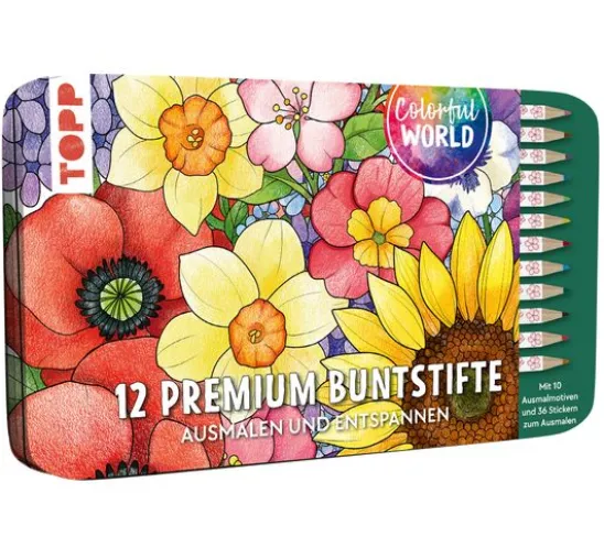 Colorful World Designdose mit 12 Buntstiften