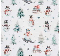 Dekostoff Leinenoptik "Schneemann mit Schlitten"