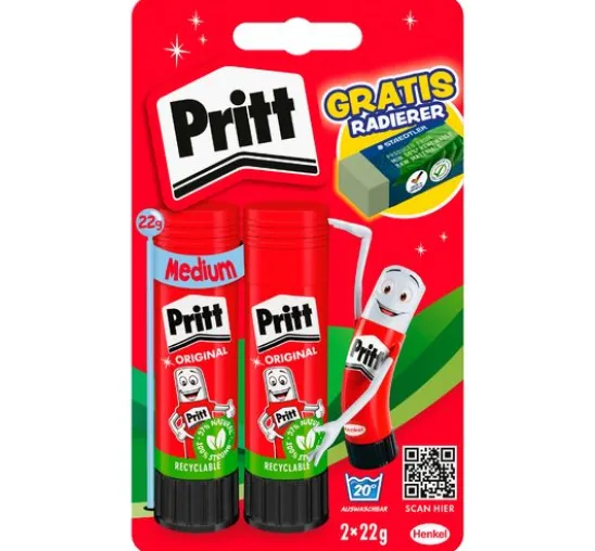 Pritt Klebestifte 2x 22 g, plus Radierer