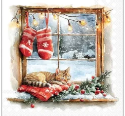Serviette "Winterfenster mit Katze"